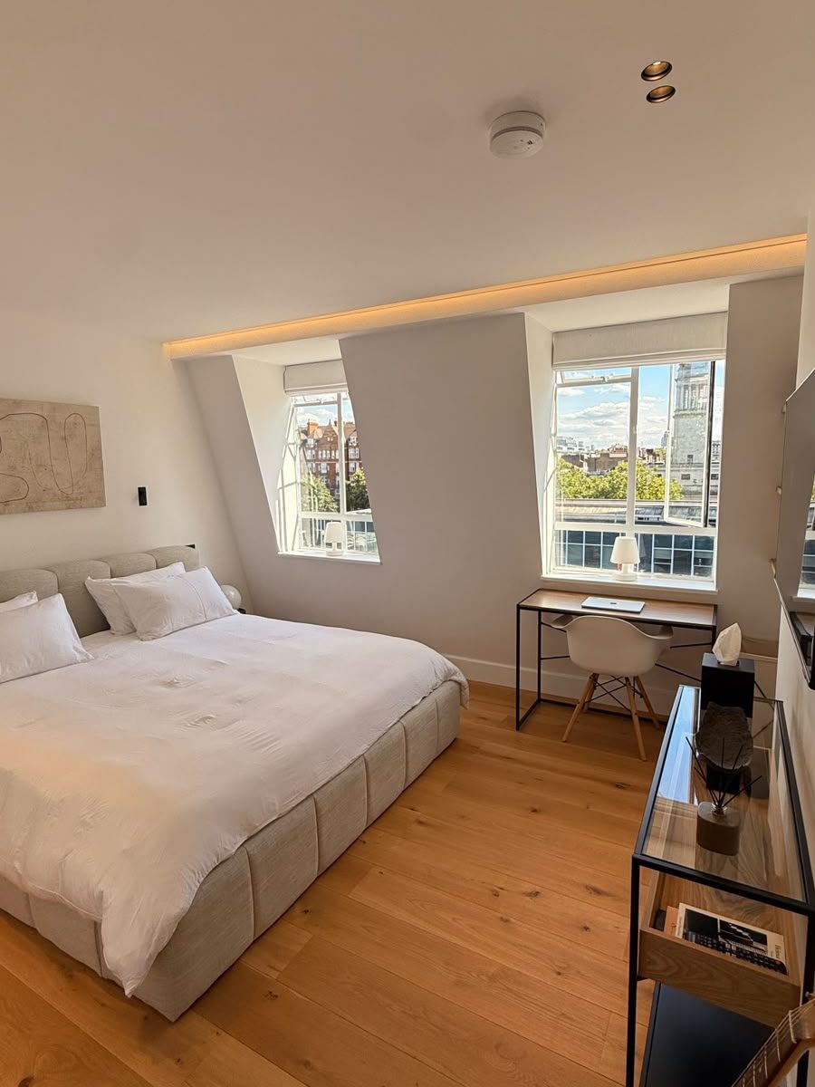 Marylebone bedroom second angle showing desk nook and dormer windows